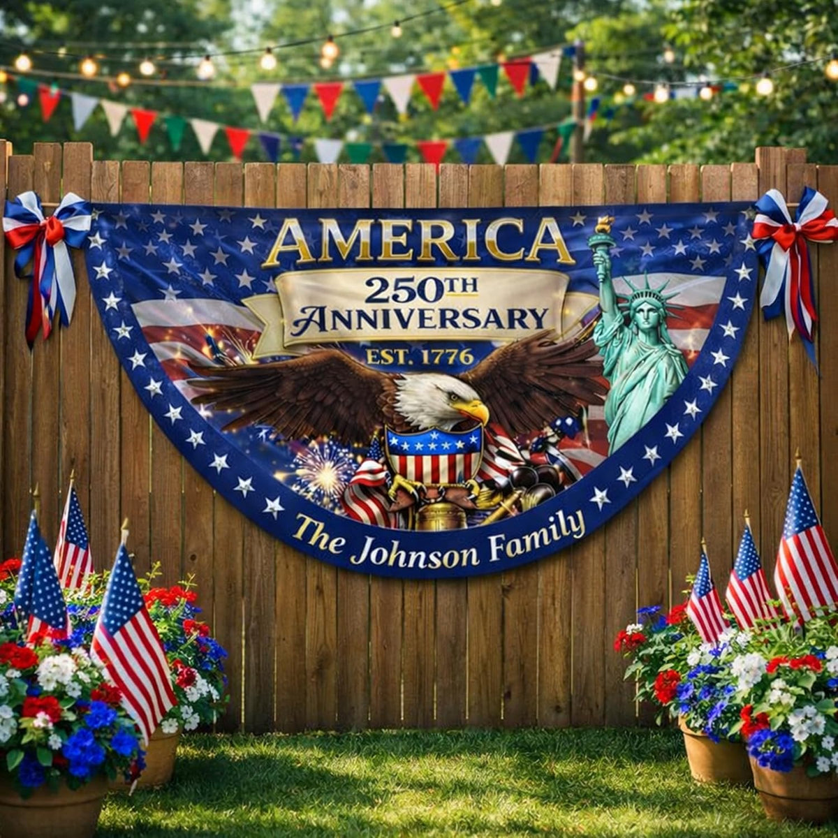 Personalized USA 250th Anniversary Bunting Flag with Family Name, Custom America 250th Birthday Bunting Flag, America 1776 2026 Patriotic Eagle Design Banner, 4th of July Decor