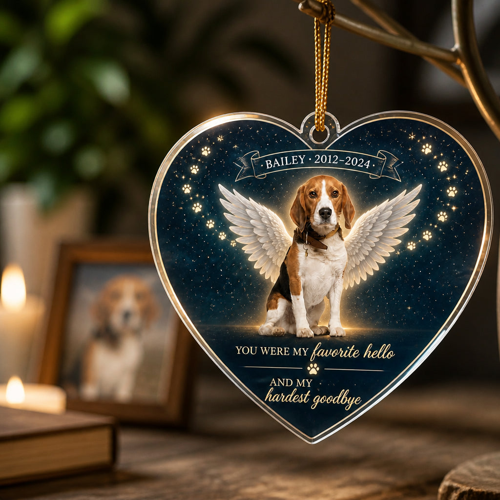 Pet Memorial Heart Acrylic Ornament – Favorite Hello Hardest Goodbye (Photo, Name & Years) - Personalized Transparent Acrylic Ornament 8123597f-412c-4108-9da6-2e672c5744d3.jpg