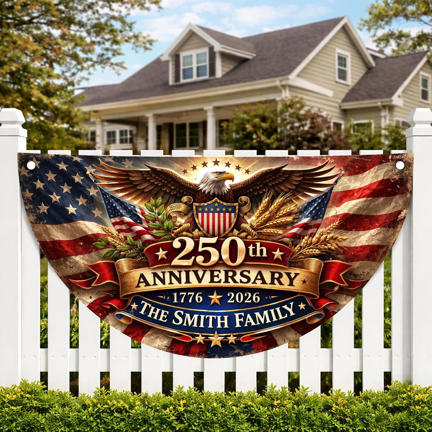 Personalized USA 250th Anniversary Bunting Flag 1776-2026, Patriotic Non-Pleated Fan Flag with Custom Family Name, 4th of July Independent Day America Porch/Fence/Wall/Outdoor Decoration