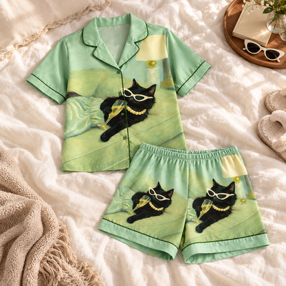 Cat Print Satin Pajama Set, Women's Sleepwear Lounge Pajamas, Gift For Hers 81282126-527f-4b12-bea5-d016f011ac5b-Pyjama-m-o-xanh-b-c-h-6.png