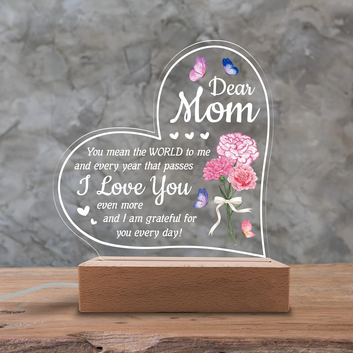 Acrylic Night Light - You Mean The World to Me - Acrylic Light Gift for Mom from Son, Daughter on Mothers Day - Birthday Gifts to Mom
