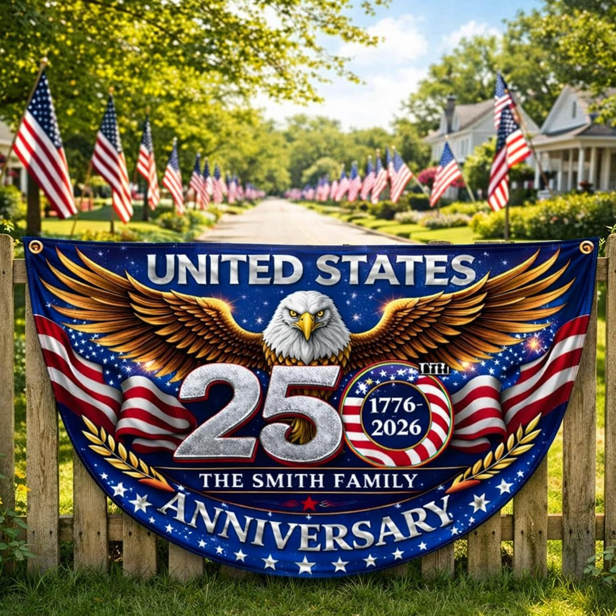 Personalized USA 250th Anniversary Bunting Flag with Family Name, Custom America 250th Birthday Bunting Flag, America 1776 2026 Patriotic Eagle Design Banner, 4th of July Decor