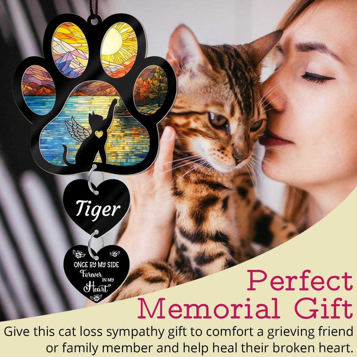 Personalized Cat Memorial Suncatcher for Windows Stained Glass, Custom Pet Sympathy Gift to Memorialize The Loss,Unique Angel Cat Statue Suncatchers with Personalized Decorations