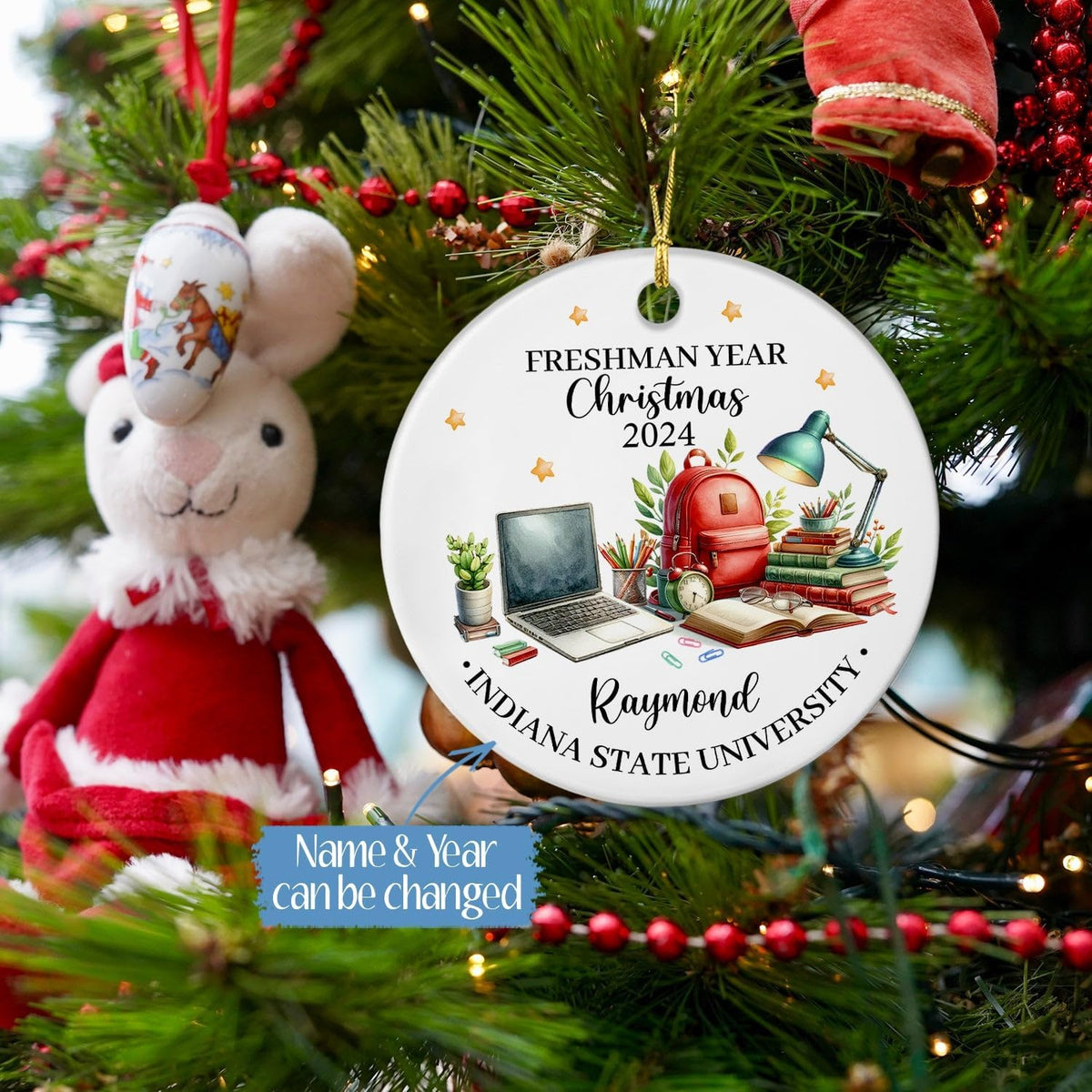 Customized Name First Christmas As A College Freshman Ceramic Ornament 2025, Personalized University Ornament Gift for Students Friends