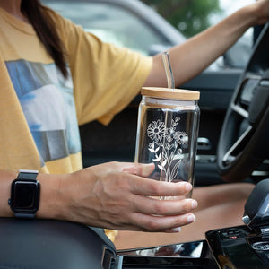 Personalized Birth Flower Glass Cup with Lid & Straw, 16oz Custom Name Mason Jar Tumbler, Dishwasher Safe Iced Coffee Cup, Floral Bridesmaid or Birthday Gift for Women, Glass Straws