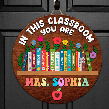 Personalized Teacher Appreciation Gifts, Teacher Door Signs, Welcome Sign for Classroom Door, Floral Teacher Name Sign, Back to School Door Hanger Teacher Gifts from Students Wooden Plaque