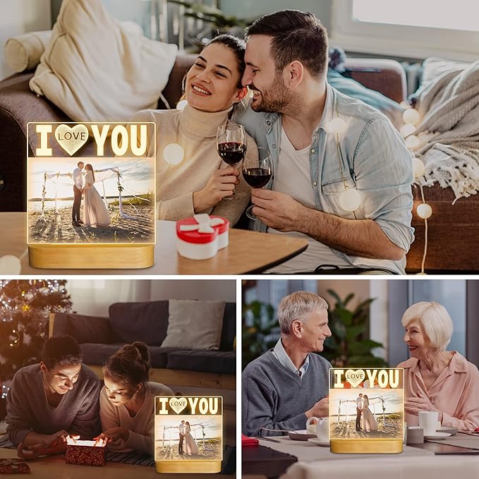 I Love You Light up Photo Frame with Warm LED Night Light, Memory Gifts for Couple Valentine Day Wedding Anniversary Present