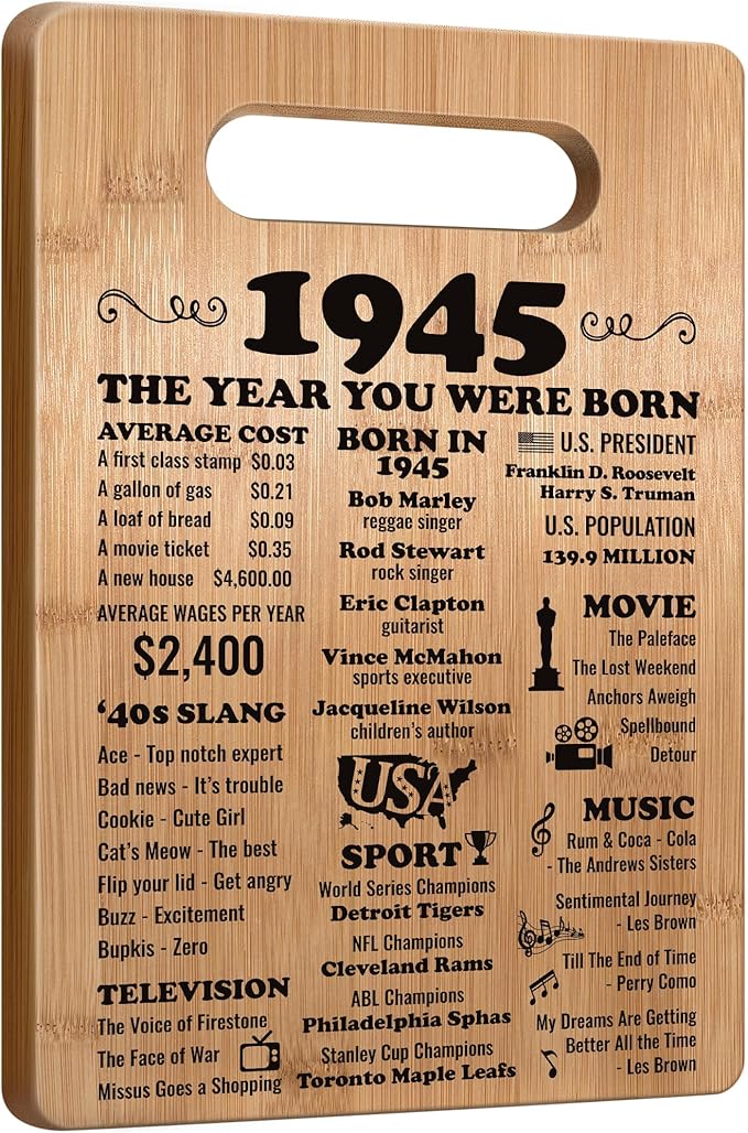 80th Birthday Gifts for Women Men, 1945 Birthday Gifts for Her Him, 80 Years Old Gifts, 80th Birthday Gift Ideas, 80th Birthday Decorations for Women Men, Back in 1945 Cutting Board Gifts