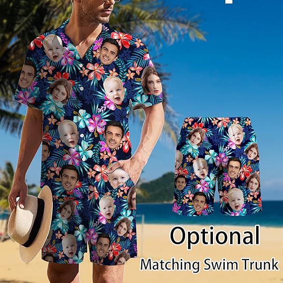 Custom Hawaiian Shirt W/Face for Men Personalized Funny Button Down Hawaiian Shirts w/Photo Tropical Beach Shirts