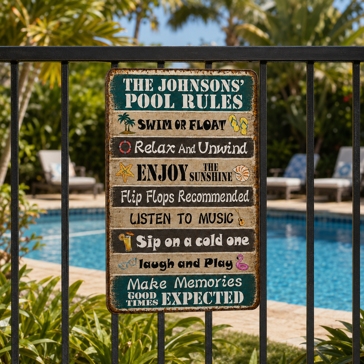 Personalized Funny Pool Rules Metal Sign, Custom Family Name Decor