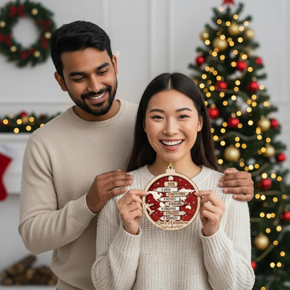 Personalized Travel Memory Ornament with Custom Locations & Name - Mixed Material Keepsake with Wooden Signposts, Unique Vacation Memento, Adventurer Gift for Christmas