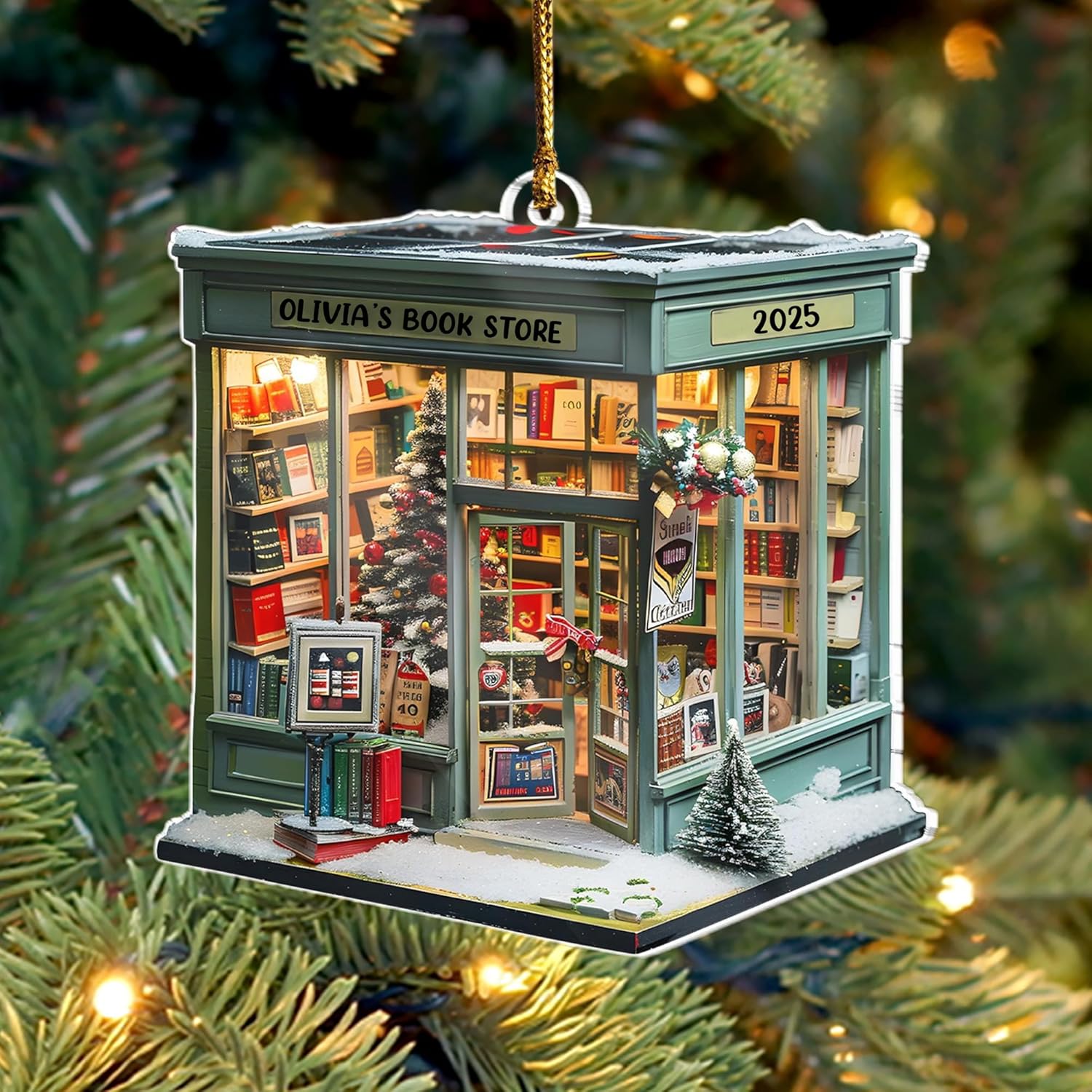 Christmas Bookstore Ornament, Personalized Bookshop Ornaments, Custom Book Ornaments for Christmas Tree Decor, 2D Flat Acrylic Reading Ornament, Xmas Gifts for Book Lovers