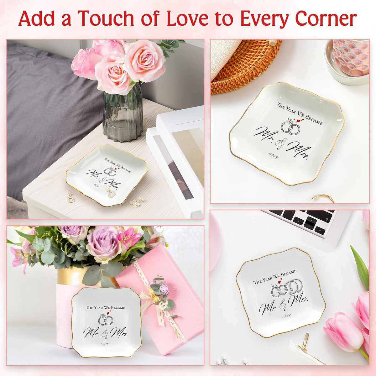 Wedding Gifts for Couple 2025 - Mr & Mrs Ceramic Jewelry Dish Tray - Bridal Shower Gifts for Women, Marriage Gift Ideas, Anniversary Engagement Gifts for Couples, Jewelry Holder Dish