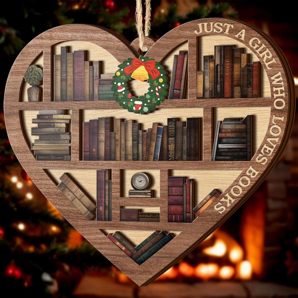 Book Lovers Ornaments, Bookshelf Heart Christmas Book Ornament 2 Layer Wood Ornament , Gift for Girl Book Lovers, Gift Idea for Christmas