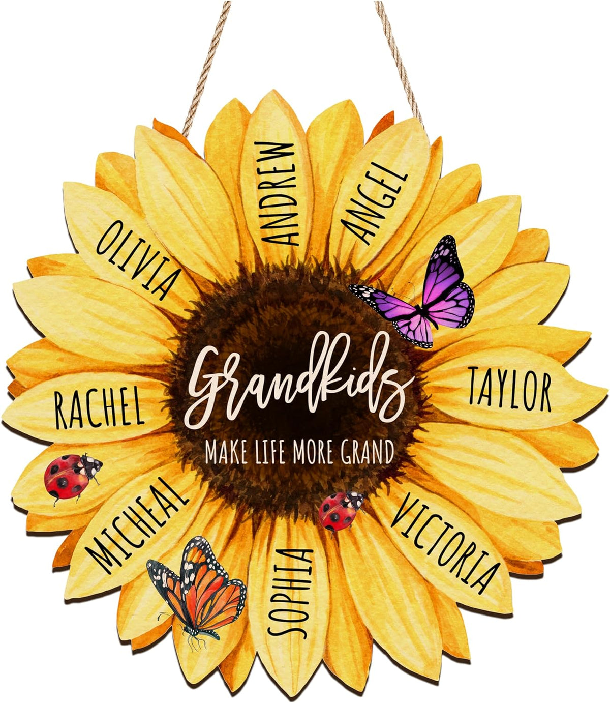 Personalized Sunflower Wood Sign Gifts for Mom & Grandma, Customized Family Name Wooden Decor for Mother's Day & Birthday, Custom Nana Gift from Kids, Grandson and Granddaughter