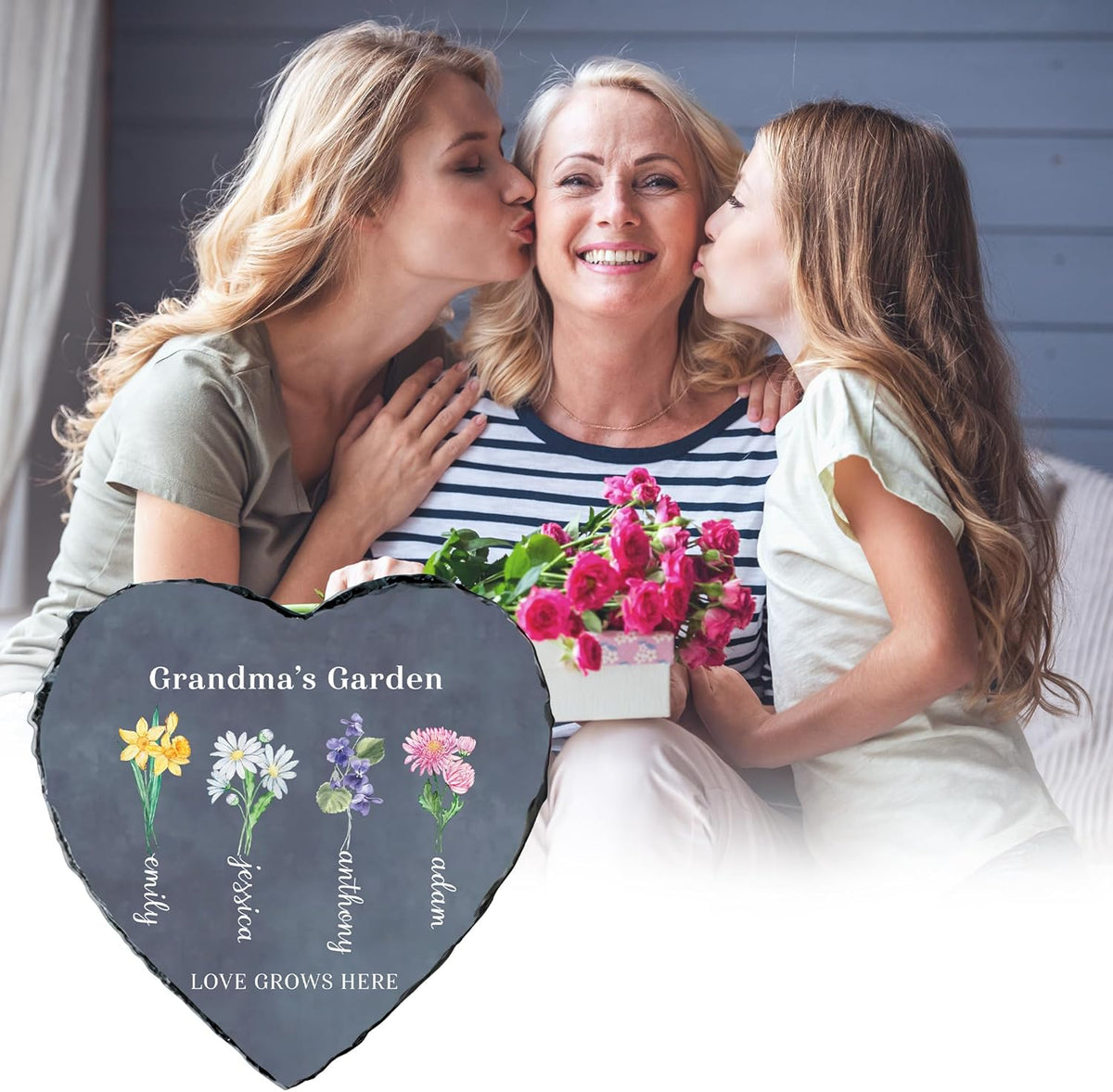 Personalized Garden Stone, Mothers Day Gifts for Grandma with Grandkids Birth Flower, Unique Christmas and Birthday Gifts for Grandma