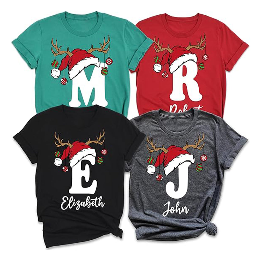 Personalized Christmas Initial T-Shirt, Custom Name Holiday Design with Reindeer Antlers, Multiple Colors Available, Family Matching Shirts