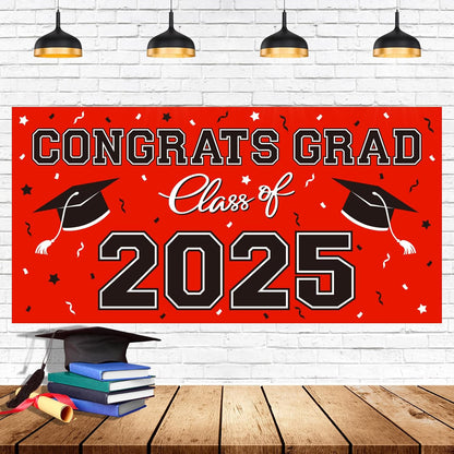 2025 Graduation Party Plastic Backdrop - Congrats Grad Banner in Red, Large Class of 2025 Decorations, Photography & Grad Party Supplies