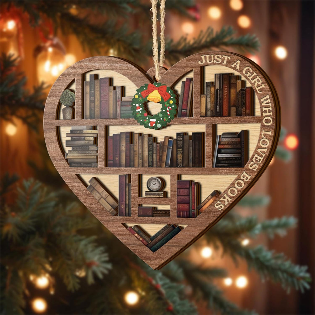 Book Lovers Ornaments, Bookshelf Heart Christmas Book Ornament 2 Layer Wood Ornament , Gift for Girl Book Lovers, Gift Idea for Christmas