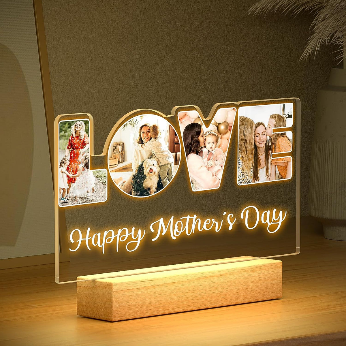 Personalized Mothers Day Gifts for Mom/Kid/Baby/Family/Pet, Custom LOVE Picture Frame with Photos, Personalized Photo Frame with Night Light, Personalized Mom Birthday Gifts from Daughter & Son