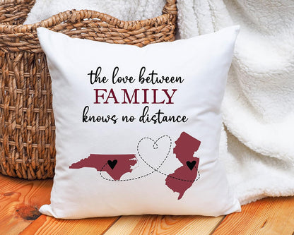 Personalized The Love Between Family Knows No Distance Pillow | Two State or Country Long Distance Family | Grandparents In Laws Moving Away Mother's Day