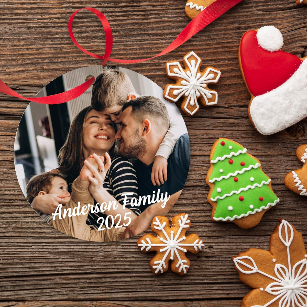 Personalized Christmas Ornaments, Custom Photo Text 2025 Christmas Tree Ornament, Velvet Pouch Included, Round Ornament