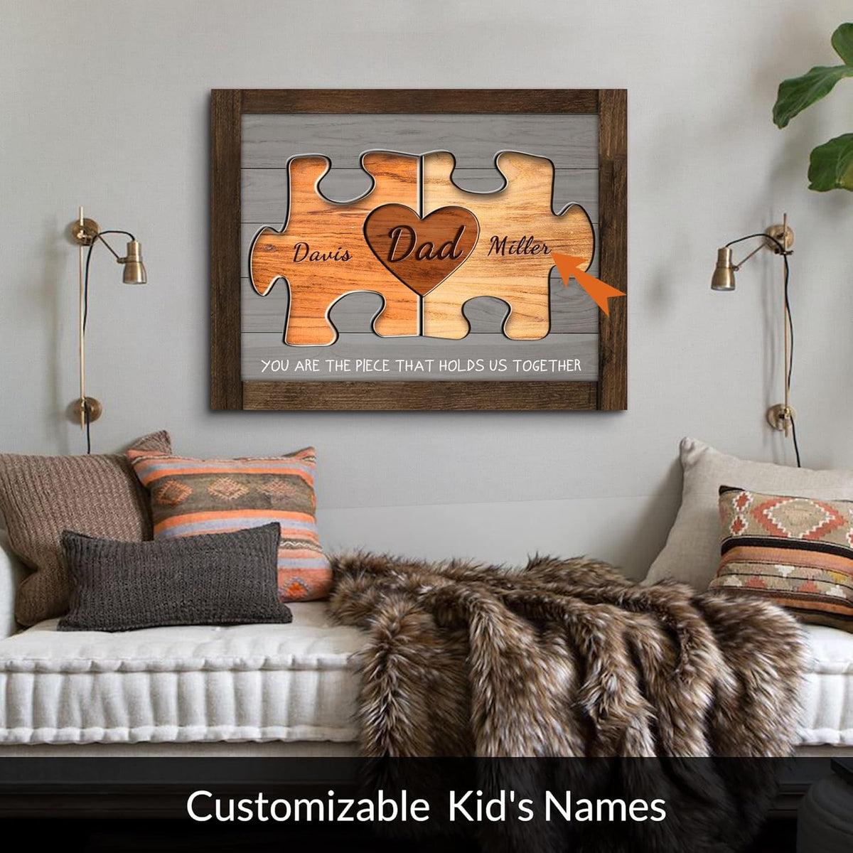 Custom Wood Puzzle Piece Sign Canvas Prints With Name, Personalized Father's Day Gifts For Dad Husband From Son, Daughter, Wife, Unique Dad Birthday Gift Idea,Canvas Wall Art For Living Room