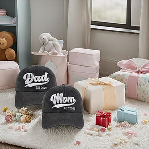 Mom and Dad EST 2025 Hat, Embroidered Adjustable Cotton New Parents Gifts Baseball Cap