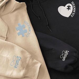 Custom Embroidered Perfect Heart and Puzzle Piece Roman Numeral Sweatshirt Hoodie, Custom Name for Couple, Custom Letter Name On Sleeve, Gifts for Him Her, Matching Couples Hoodies