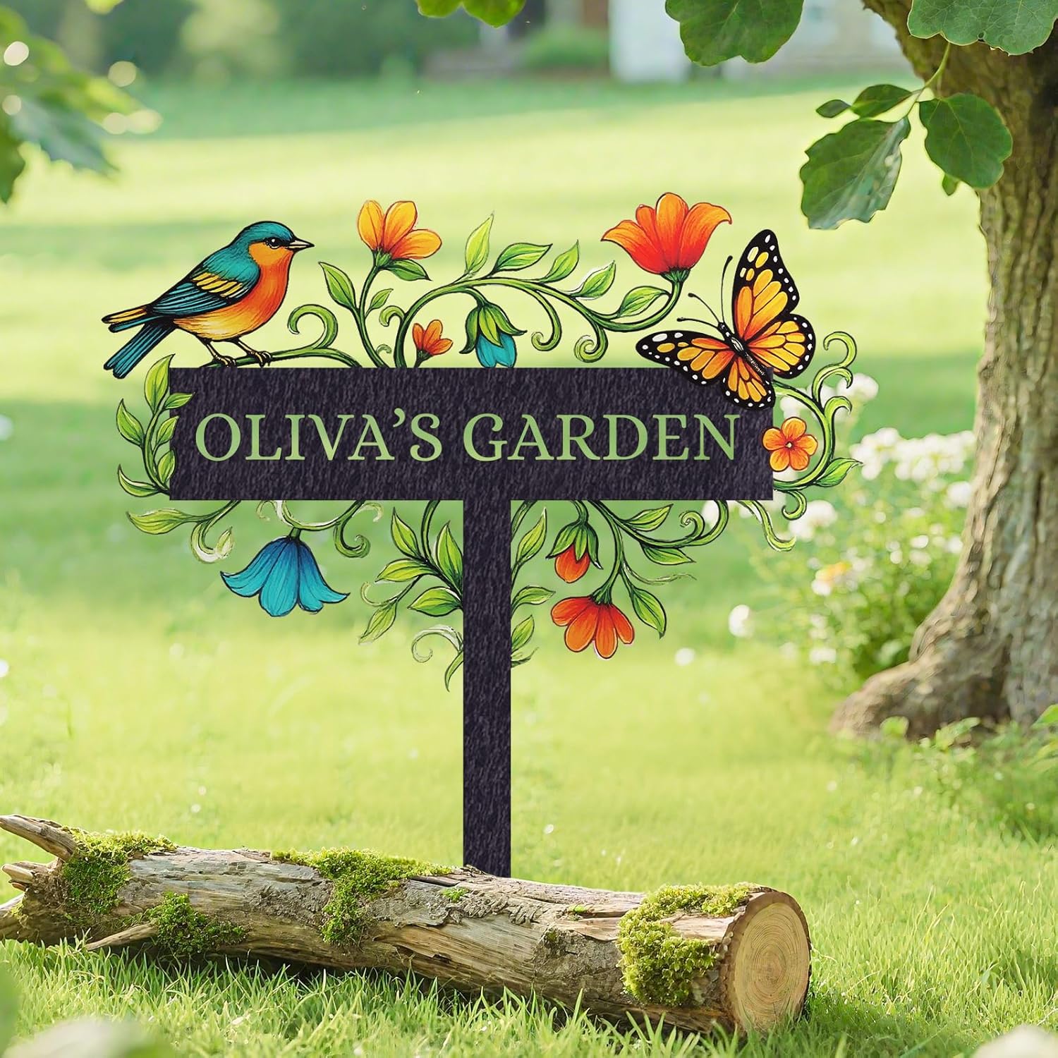 Personalized Garden Signs with Stakes, Customizable Yard Stake Metal Art, Colorful Hummingbird Garden Decor for Outside, Custom Metal Name Signs, Personalized Gifts for Gardeners
