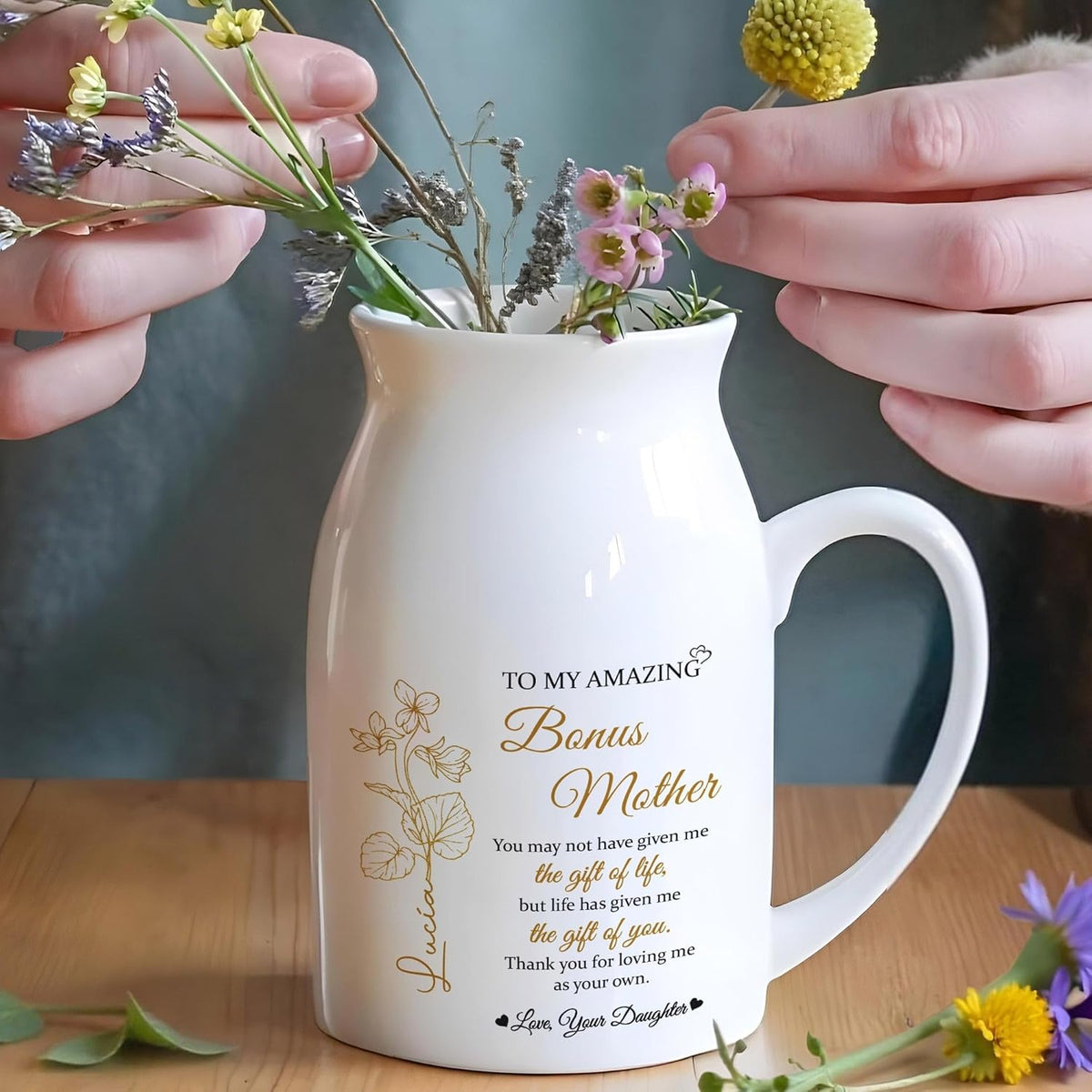 Personalized to My Amazing Bonus Mother Ceramic Flower Vase for Women Stepmoms Bonus Moms Custom Birth Month Flowers and Sentimental Text Vase Perfect Idea for Her On Mother's Day Ideal Home Decor