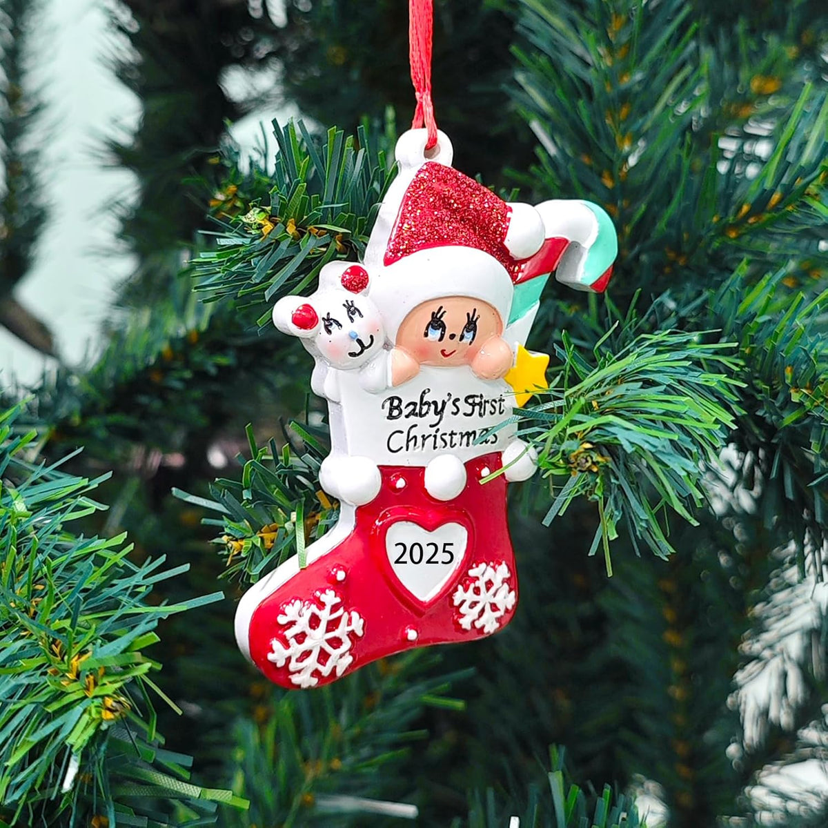 Baby's First Christmas Ornament 2025,Babys First Christmas Stocking Ornaments for Boy and Girls Personalized Babies Gifts My 1st Xmas Ornaments 2025 Window Tree Crib Fireplace Xmas Tree Decorations