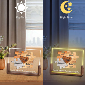 Personalized Fathers Day Ideas Gifts from Daughter Son Wife Kids, Custom Puzzle Acrylic Plaque with Name LED Light Walnut Base, Customized Christmas Birthday Gifts for Dad Husband