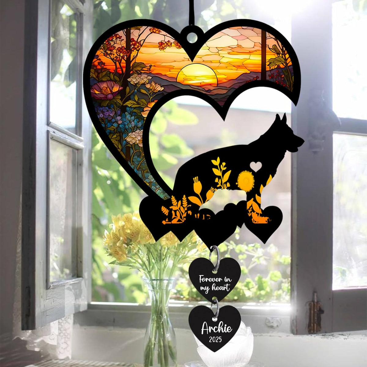 Personalized Dog Memorial Suncatcher, Custom Pet Memorial Gifts for Loss of Dog, SunCatcher Gift for Someone Who Lost a Dog, Dog Remembrance Stained Glass, Hanging Garden Decor with Heart