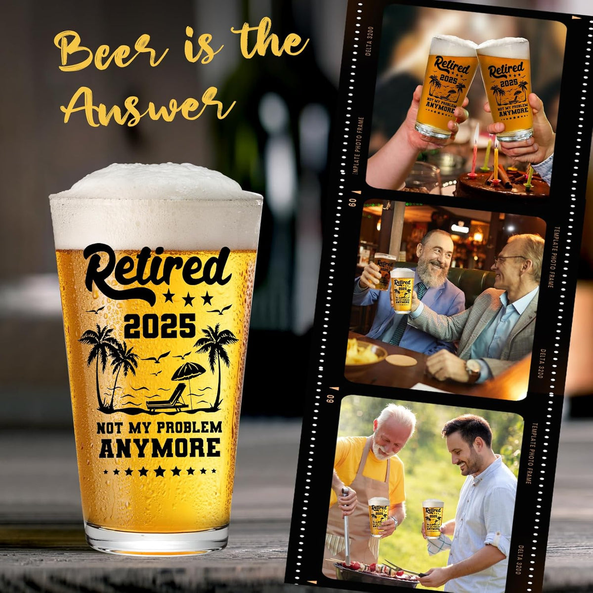 Retirement Gifts for Men-Retired 2025 Not My Problem Anymore Beer Glass, Funny Happy Retirement Gifts for Him, Colleague, Leader, Boss Teacher Coworker Ideas for Retirement Beer Glass Set