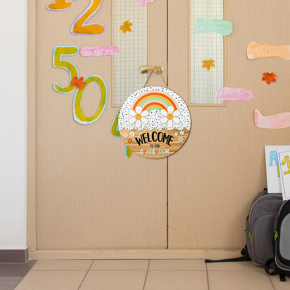 Welcome Sign Back to School Teacher Door Sign Welcome to Our Classroom Door Hanger Wreath for First Day of School Bulletin Board Window Wall Decor