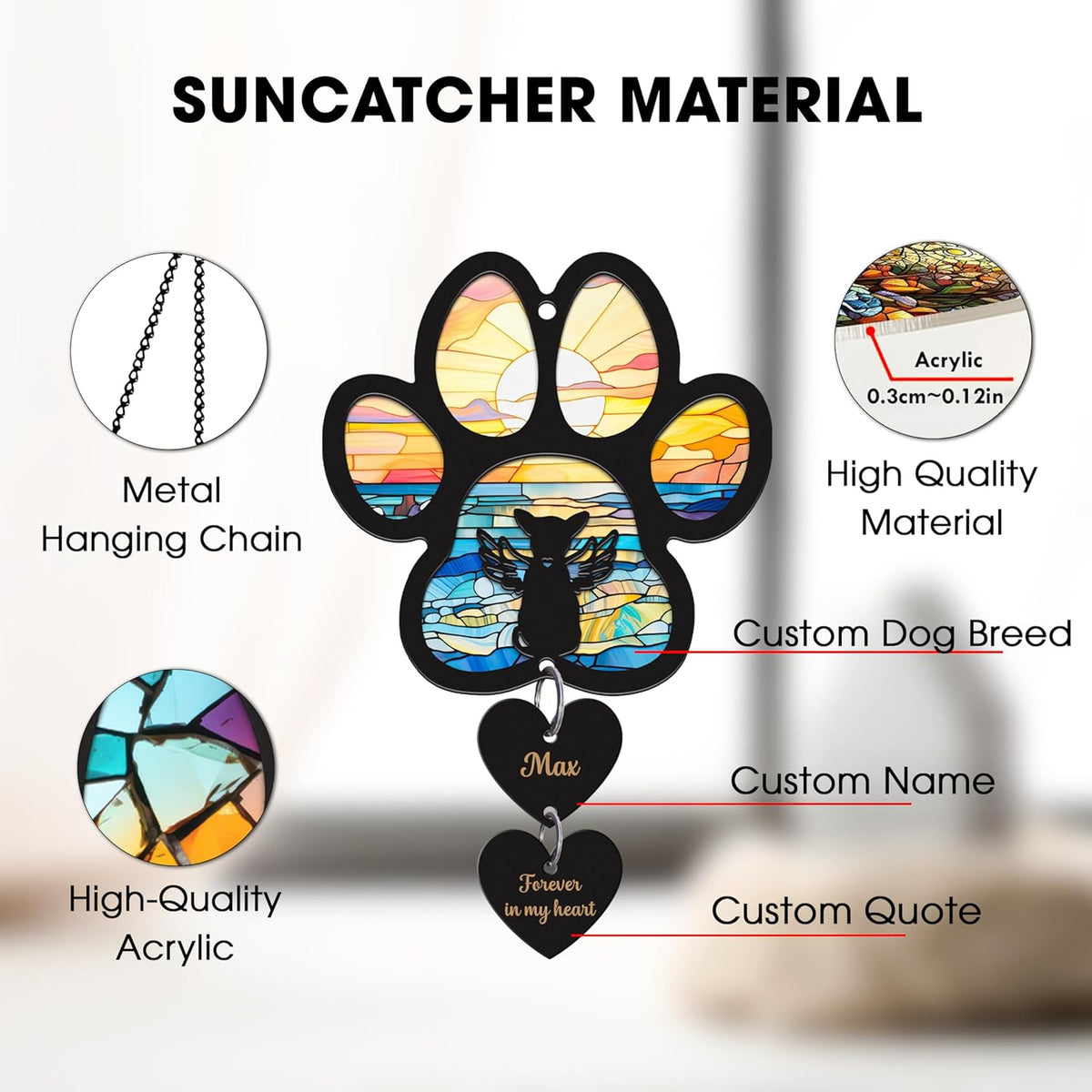 Dog Paw Pet Memorial Suncatcher, Wooden Hearts Customized With Dog Breed, Name And Message, Loss Of Dog Sympathy Gift, Dog Remembrance Gift, Dog Memorial, Dog Memorial Gifts For Loss Of Dog