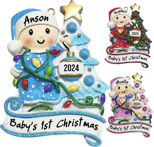 Baby's First Christmas Ornament 2025 Personalized Christmas Ornaments with Name Snow Baby in Stocking with Snowflake Custom Tree Ornament Decorations Ornaments,Blue