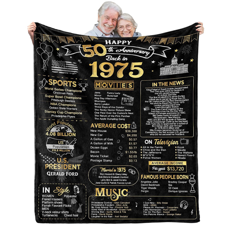 50th Anniversary Blanket - Golden '50 Years of Marriage' Commemorative Gift for Couple - Wife, Husband, Parents, Grandparents - Back in 1975 - Blanket
