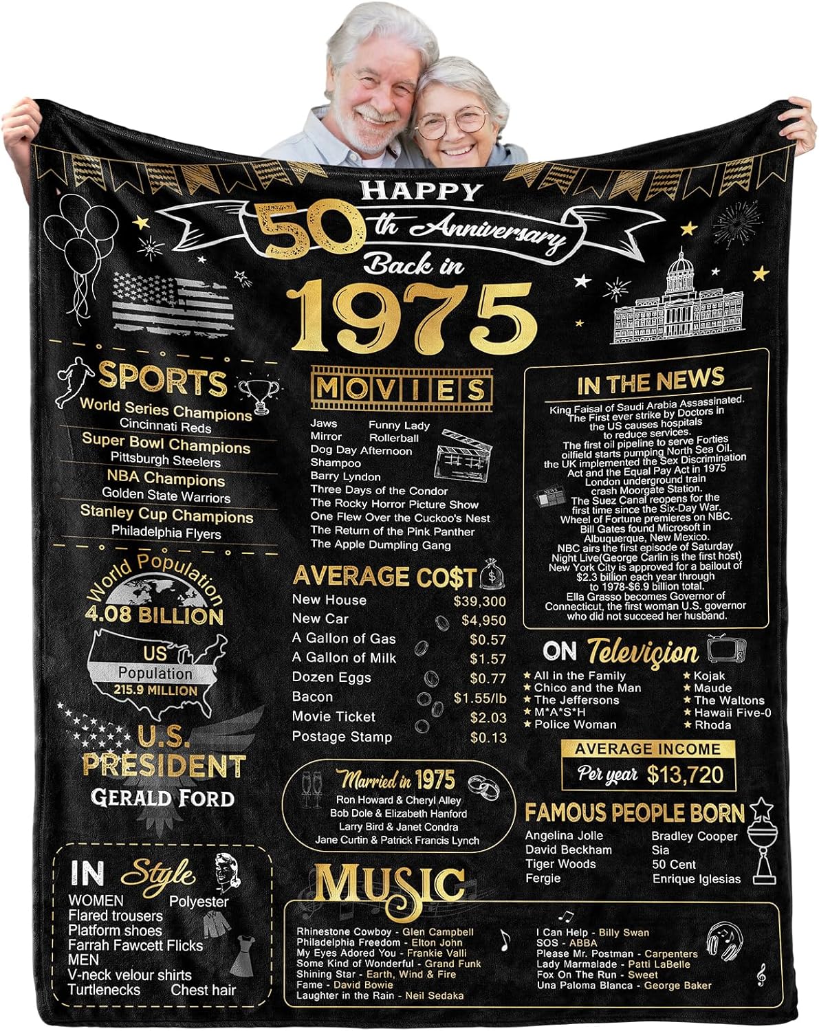 50th Anniversary Wedding Blanket Gifts Gift for 50th Wedding Anniversary Golden 50 Years of Marriage Gifts for Couple Wife Husband Dad Mom Parents Back in 1975 Blanket