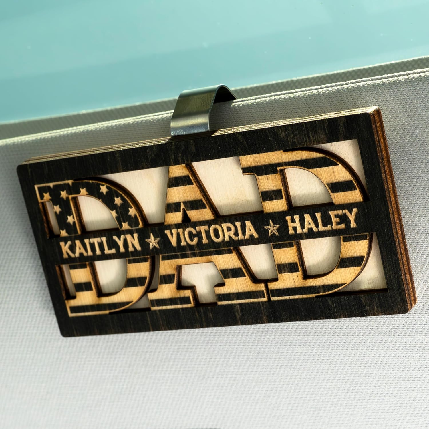 Personalized Dad Car Visor Clip w/Kid's Names, US Falg Theme, Custom Gifts for Dad, Papa, Grandpa