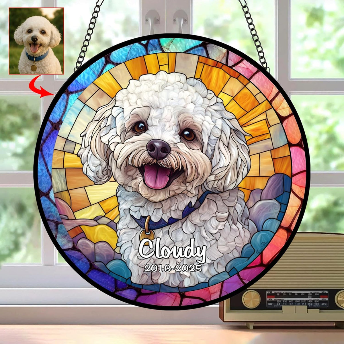 Custom Pet Portrait Stained Glass Suncatcher Personalized Dog Memorial Ornament, Pet Loss Remembrance Gift, Window Hanging, Bereavement Keepsake, Home Decor