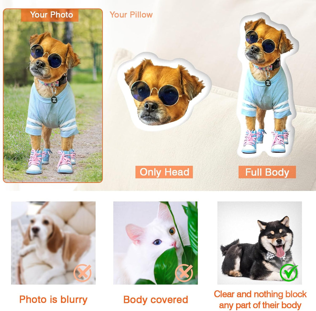 Custom Pillows with Picture, Customized Pet Pillow Personalized Photo, Custom Pet Memorial Gifts for Dogs Cats, Personalized Funny Pillow - Shaped Pillow, Customizable Cat Dog Pillow Pet