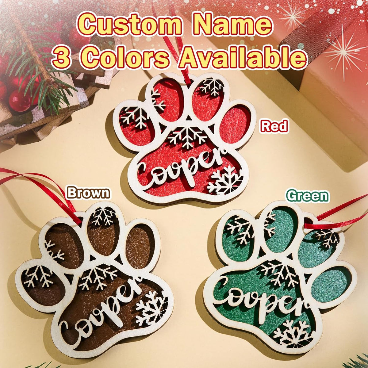 Personalized Pet Paw Ornament, Wooden 2 Layer Christmas Ornament with Name, Gift for Dog Lover or Pet Memorial Keepsake, Pet Name Christmas, Winter Snowflake Wooden Holiday Decor