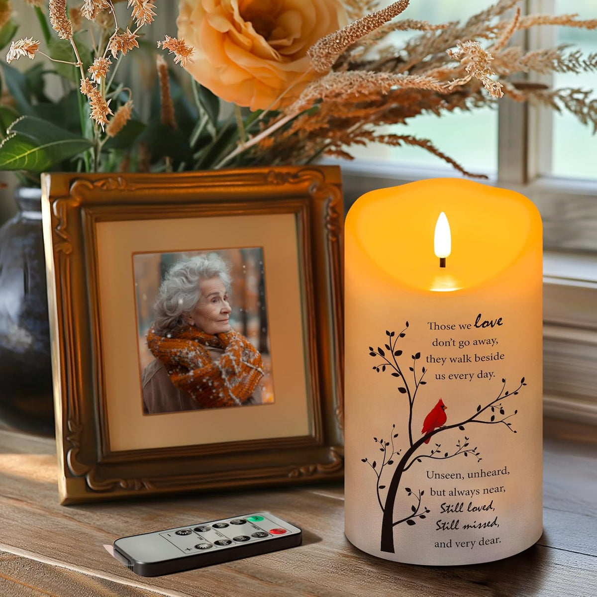 Memorial Candle, Real Wax LED Light with Remote Sympathy Gifts for Loss of Loved One, Mother, Father - Remembrance Gift