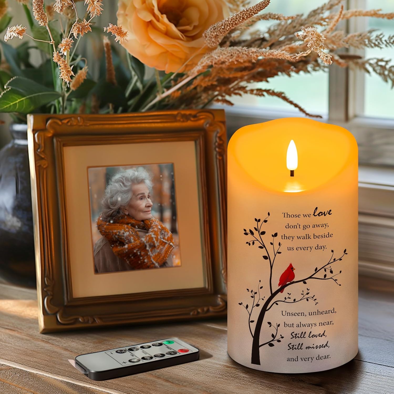 Memorial Candle, Real Wax LED Light with Remote Sympathy Gifts for Loss of Loved One, Mother, Father - Remembrance Gift