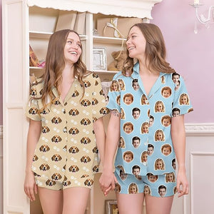 Personalized Women Pajamas Set with Photo, Custom Pet Face Button Down Pajamas Lounge, Gifts for Wife Girlfriend Mom
