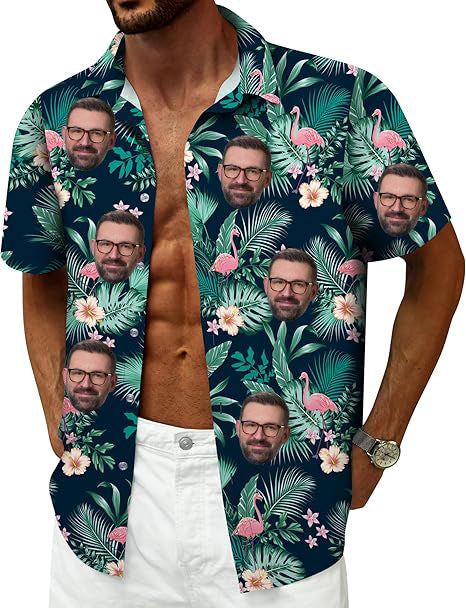 Hawaiian Shirt for Men Beach Shirts Custom Face Button Down Short Sleeve Tropical Tops Vacation Aloha Outfits Island Clothes Summer