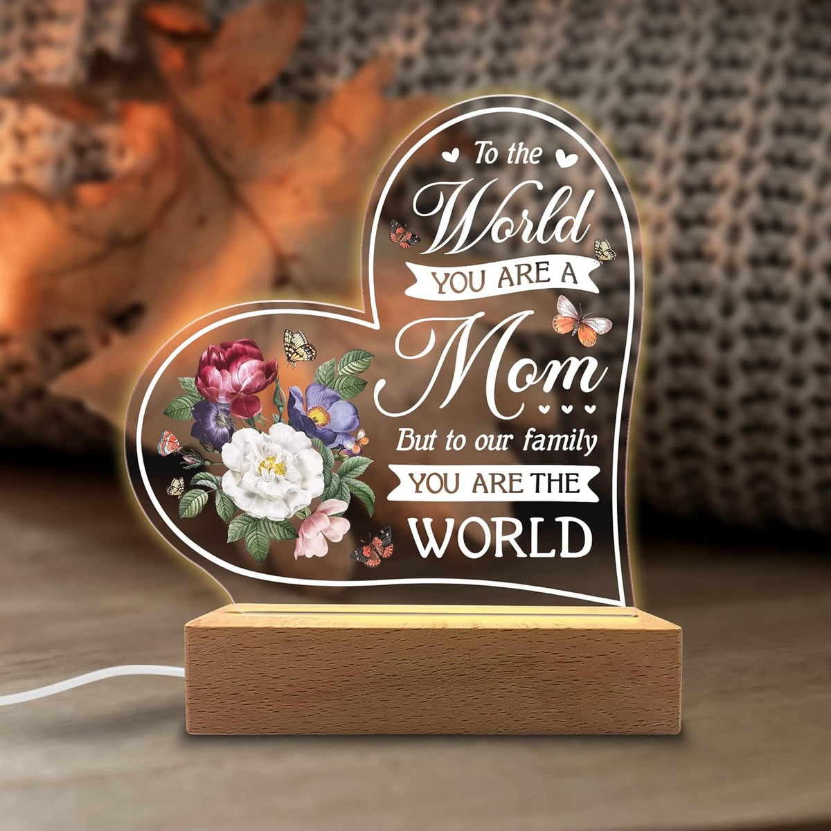 Acrylic Night Light Gift for Mother - to Our Family You are The World - Acrylic Light Gift for Mom from Son, Daughter on Mothers Day - Birthday Gifts to Mom