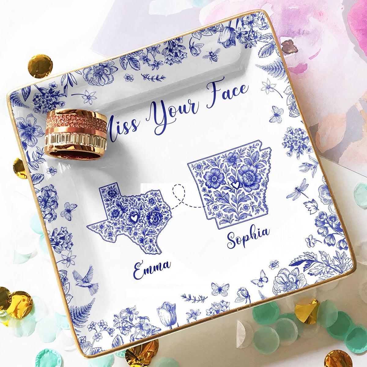 Personalized Jewelry Dish Long Distance Relationship I Miss You Toile De Jouy Custom States